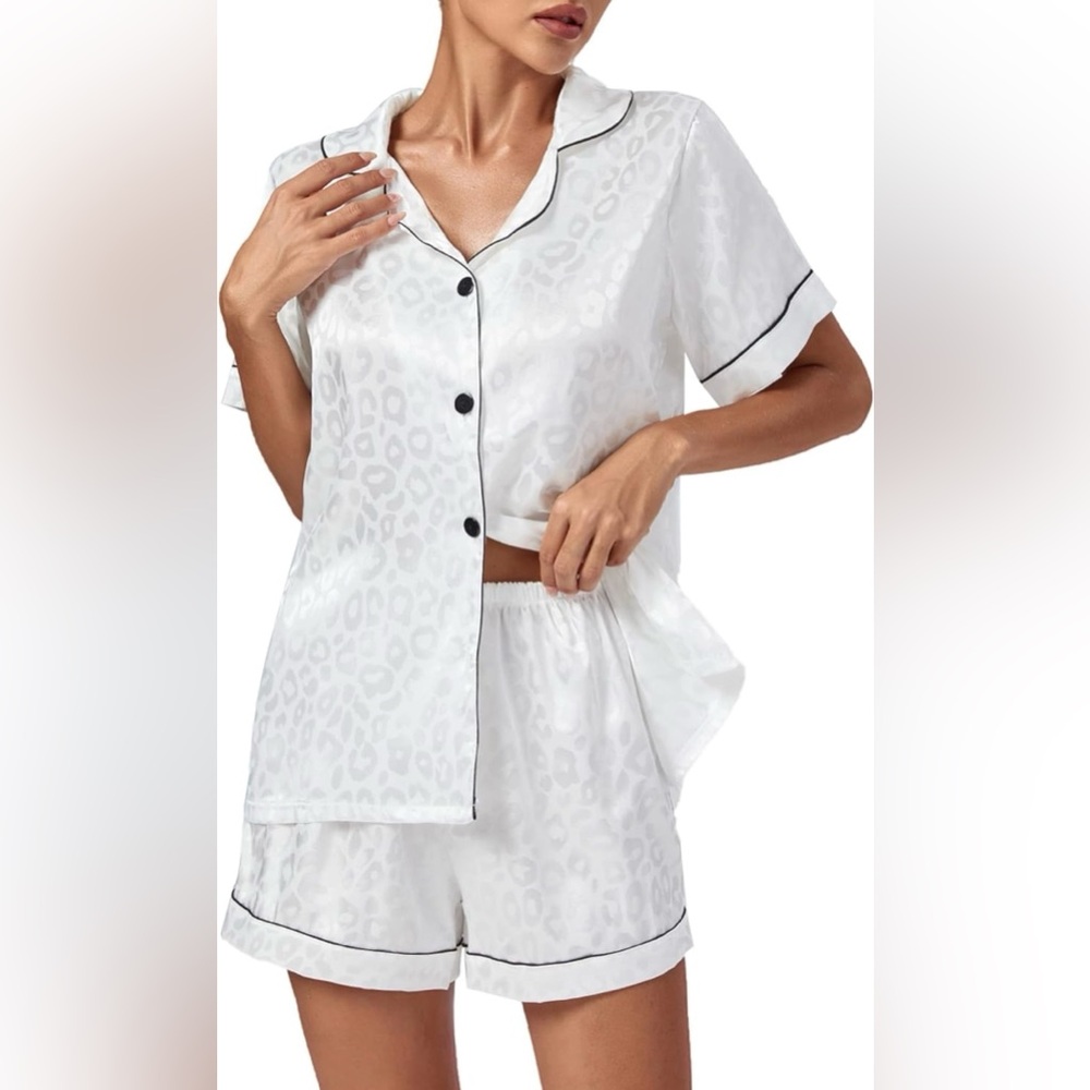 White Satin Pajama Set with Black Trim